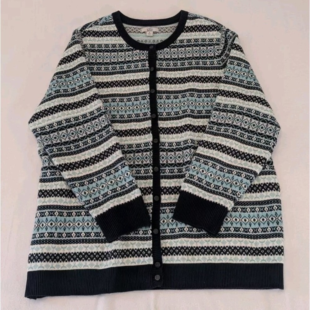 Croft Barrow Cardigan Sweater Womens 1X Blue Patterned Stripes Plus Size